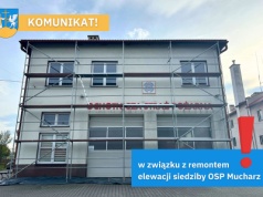 Utrudnienia przy Urzędzie Gminy w Mucharzu z powodu remontu elewacji OSP