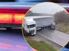 Ciężarówka w poślizgu "zmiotła" osobówkę. Nagranie ku przestrodze