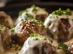 Klopsiki nadziewane serem, w sosie jabłkowo-chrzanowym i orzechami, z kopytkami