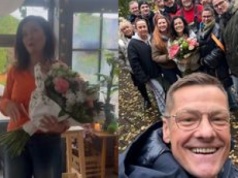 Kasia Cichopek zamiast na miesiąc miodowy, popędziła na plan "M jak miłość". Marcin Mroczek i ekipa serialu przywitała ją kwiatami