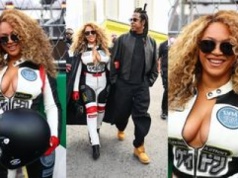 Beyonce w rozpiętym kombinezonie świeci dekoltem na Grand Prix F1 w Las Vegas (ZDJĘCIA)