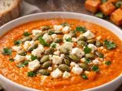 Jedna zupa zamiast dwóch dań. Rozgrzewający krem z pieczonych batatów z fetą i pestkami dyni