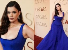 Oscary 2026. Barbie Ferreira zaprezentowała MOCNO ODCHUDZONĄ sylwetkę w niebieskiej sukni z dekoltem (ZDJĘCIA)