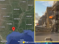 Pożar w rafinerii w Teksasie. Słup ognia jest widziany z daleka