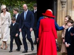 Odziana w beżowy komplet Kate Middleton mknie w asyście Williama i POCIECH na nabożeństwo wielkanocne. Dzieci rosną jak na drożdżach? (ZDJĘCIA)