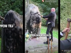 Antyukraińska prowokacja. Grzegorz Braun zniszczył pomnik żołnierzy UPA i się tym chwali