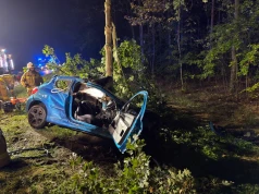 Nocny wypadek w Wielkopolsce. Peugeot uderzył w drzewo, kierowca został uwięziony w aucie