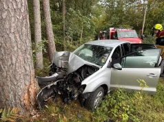 Podróż zakończyła się na drzewie. Młoda kierująca VW Polo przewieziona do szpitala