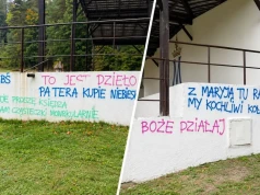 Zdewastowano ołtarz polowy w Gietrzwałdzie. Na miejscu pojawiły się bulwersujące napisy