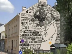 Andrzej Wajda z kamerą na ścianie przy al. Kijowskiej