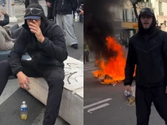 Francuz Mordo lansuje się na tle płonącej barykady we Francji