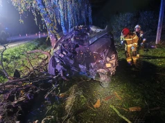 Samochód wbił się w ogrodzenie sadu. Kierowcę uwalniano sprzętem hydraulicznym