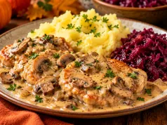 Ten jesienny obiad robię, gdy za oknem jest zimno. Mięciutkie mięso w sosie pieczarkowym smakuje jak u babci