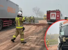 Zderzenie dwóch ciężarówek w Helenowie. Groźny wypadek na drodze pod Bełchatowem