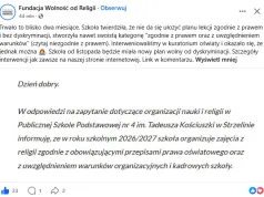Fundacja Wolność od Religii dopięła swego. Szkoła po dwóch miesiącach zmieni plan lekcji